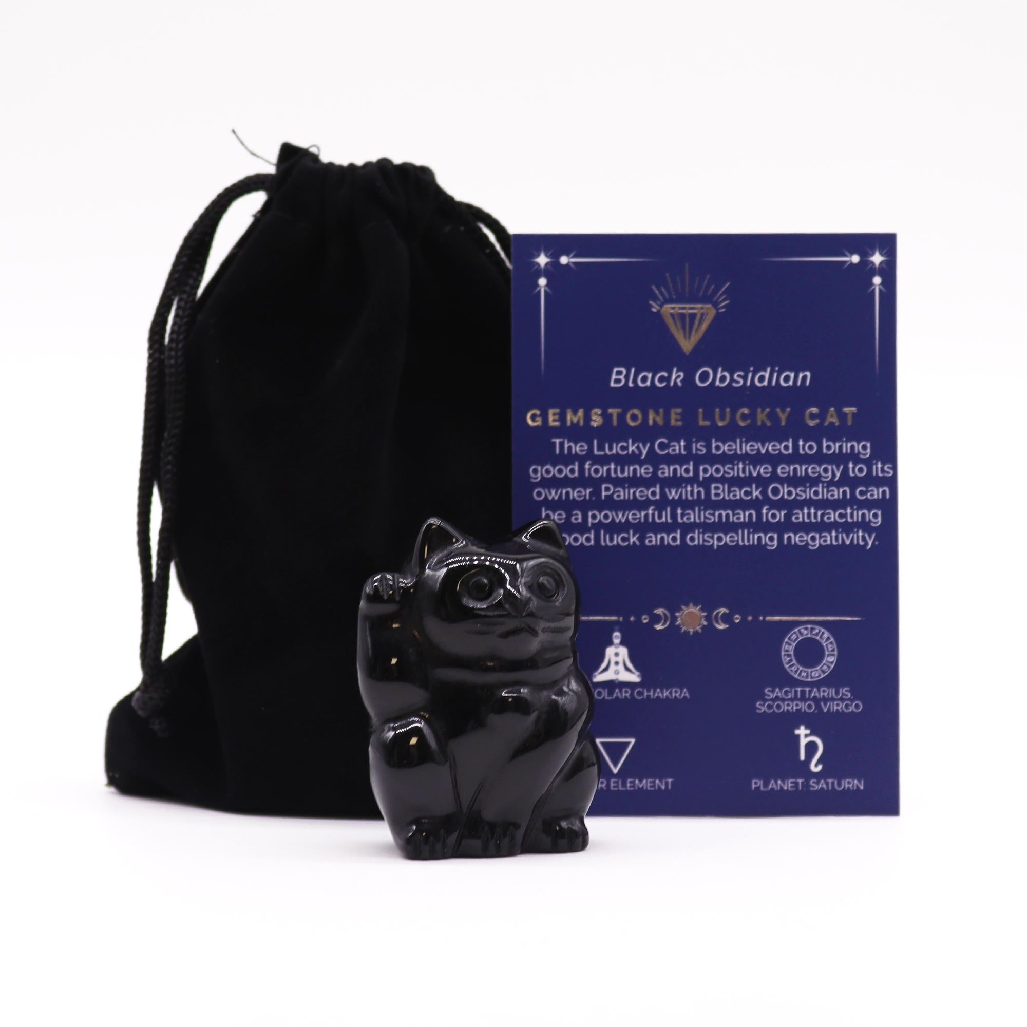 Chat porte-bonheur en pierre précieuse obsidienne noire