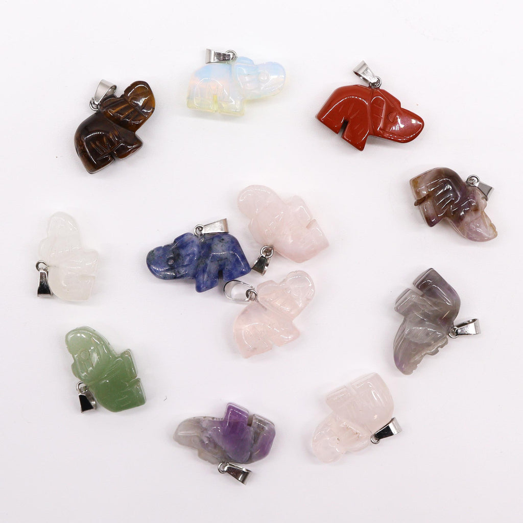 collier + Pendentifs éléphants porte-bonheur en pierre précieuse