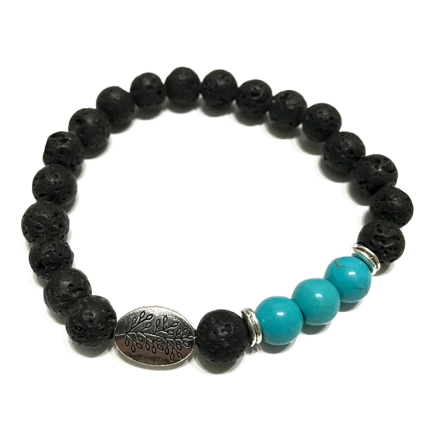 Bracelet  pierre de lave - feuille turquoise